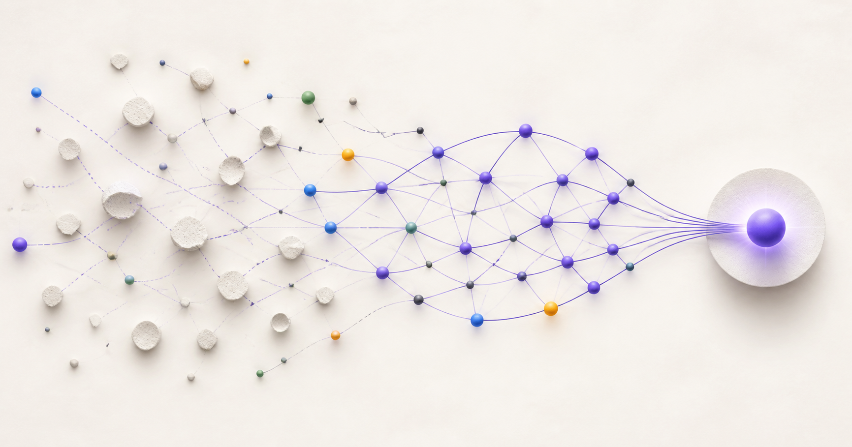 Scattered AI fragments connecting into an organized private workspace